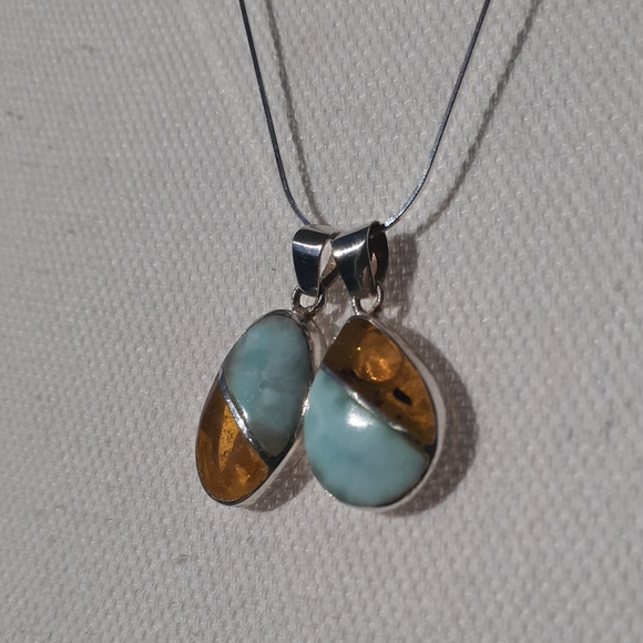 Larimar and Amber Pendant Necklace - Picture 1 of 12